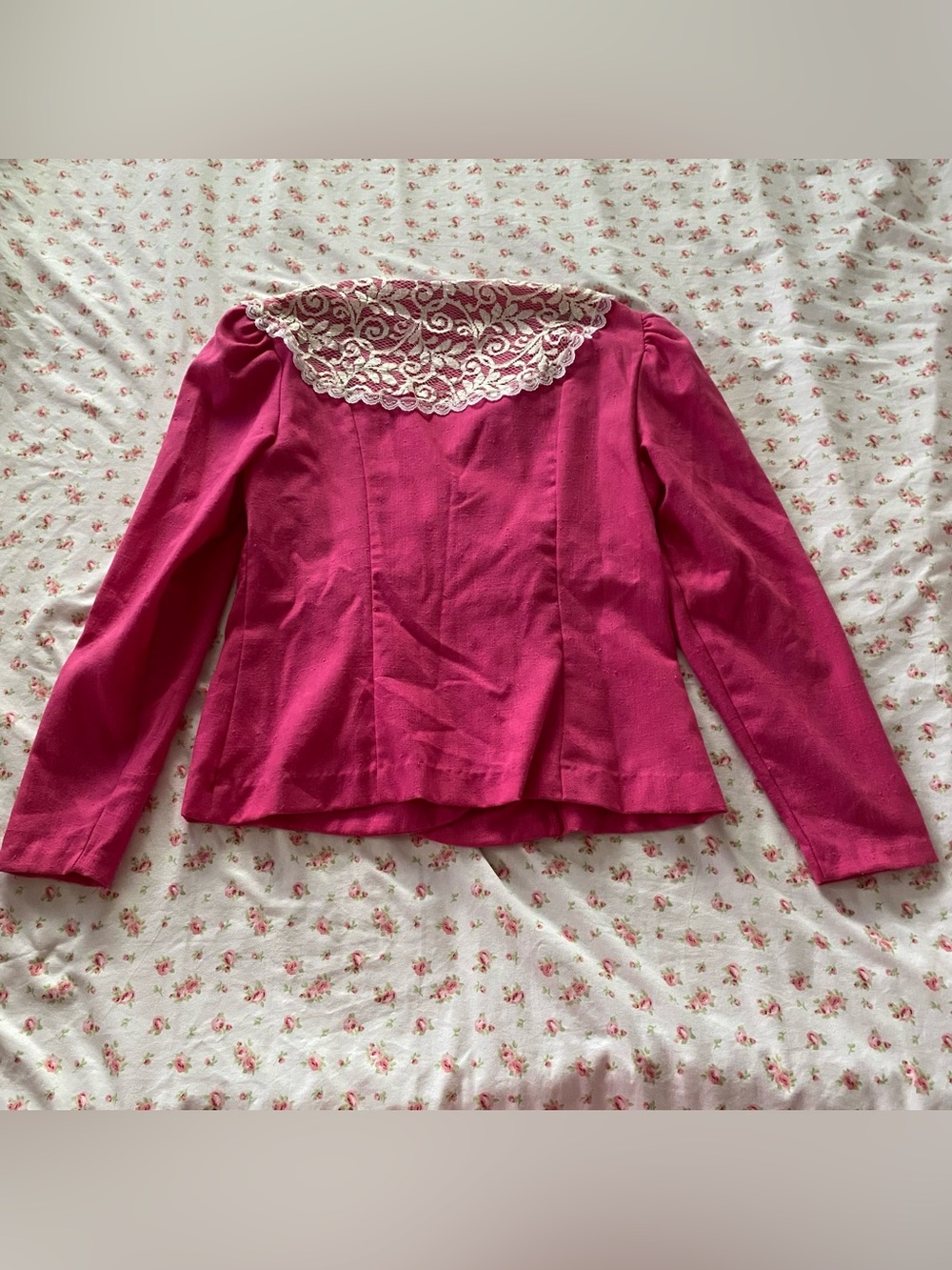 True Vintage 1980s David Robin Barbie Pink Puff Sleeve Blazer with White Lace - Picture 3 of 5